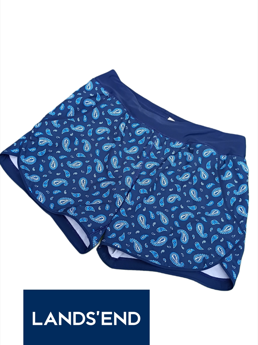 Lands' End  Women's Petite Sunshade UPF 50 - 5" Board Shorts Blue Paisley